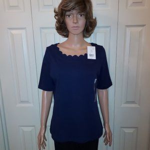 Kim Rogers Navy Elbow Sleeve Scalloped Neck Relaxed Fit Top Size MP NWT